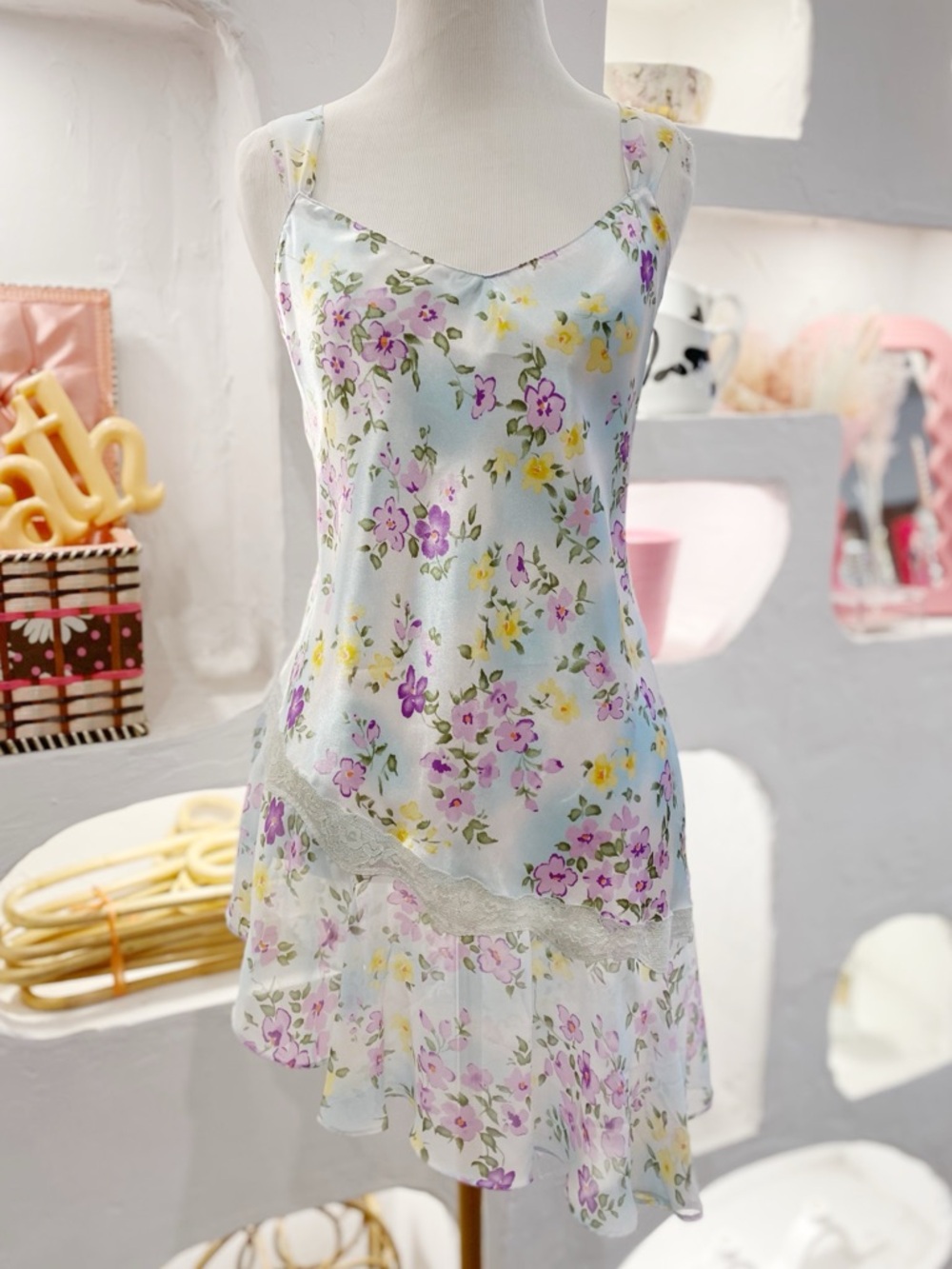 Y2K Asymmetrical Floral Satin & Mesh Slip Dress Lingerie with Lace Trim on Front